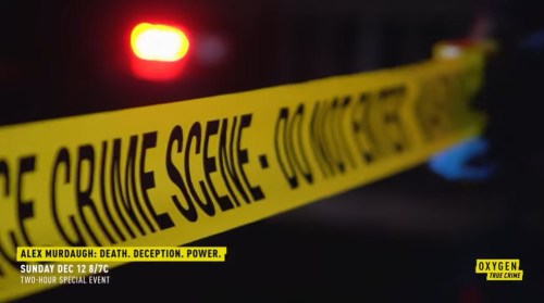 Yellow crime scene tape with text "DO NOT ENTER," promoting a special event about Alex Murdaugh on Oxygen.