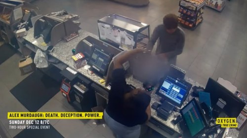 A person at a counter interacts with a cashier in a convenience store setting. Text overlay promotes a TV special.