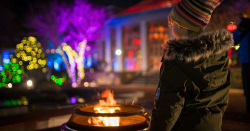 A child in a winter coat stands by a fire pit, surrounded by colorful holiday lights at night.