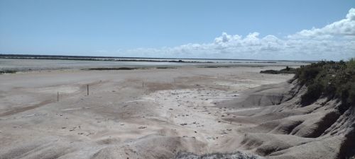 A vast, dry landscape with cracked earth and sparse vegetation under a clear blue sky with scattered clouds.