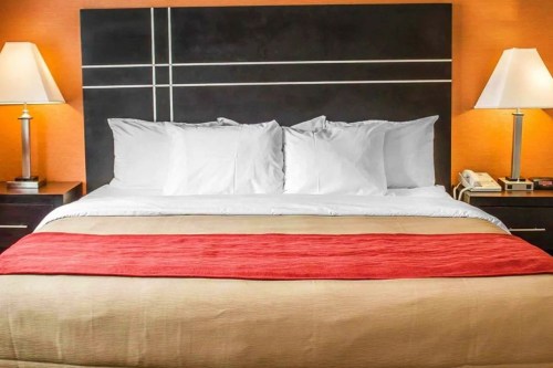 A neatly made hotel bed with white pillows, a red throw blanket, and bedside lamps against an orange wall.
