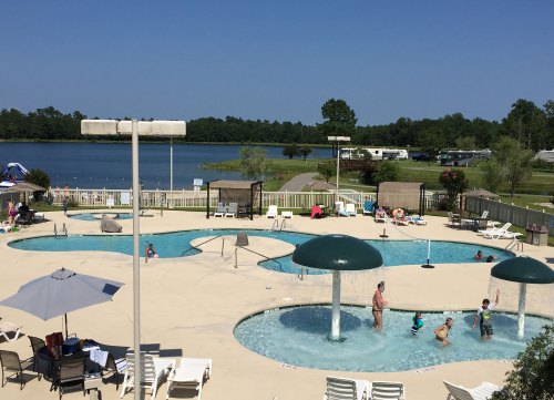 A sunny pool area with children playing, lounge chairs, and a view of a lake and trees in the background.