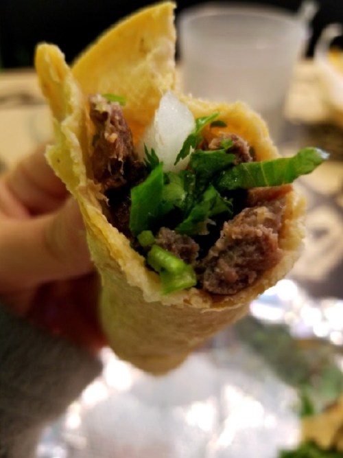 A hand holding a tortilla filled with beef, cilantro, and diced onions, showcasing a delicious, savory filling.