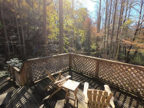 A wooden deck with two chairs and a small table, surrounded by trees with autumn foliage. Sunlight filters through the leaves.