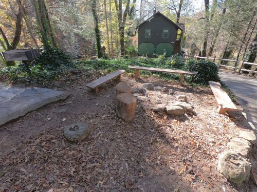 A rustic fire pit area with log seating, surrounded by trees and a cabin in the background. Autumn leaves scattered on the ground.
