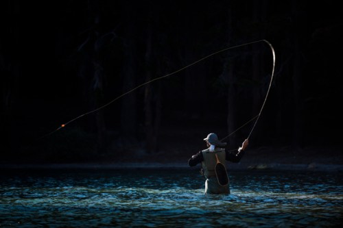 A person fishing in a river, casting a line with a backdrop of dark trees and water reflecting light.