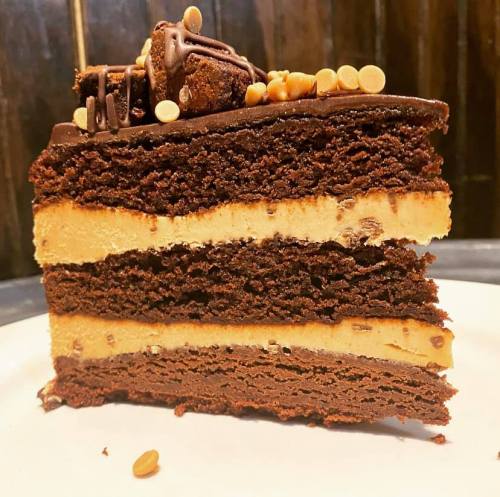 A slice of layered chocolate cake with creamy peanut butter filling, topped with chocolate drizzle and candy pieces.
