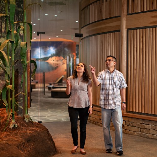 Two people stand in a modern indoor space, looking up and engaging with their surroundings, surrounded by greenery.