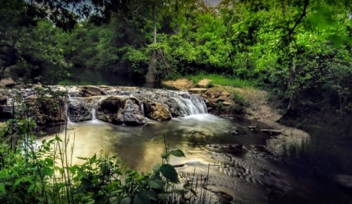 A serene landscape featuring a small waterfall surrounded by lush green trees and a calm river.