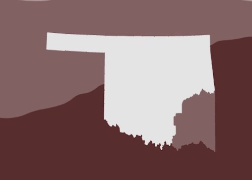 Outline of the state of Oklahoma in white against a maroon background.