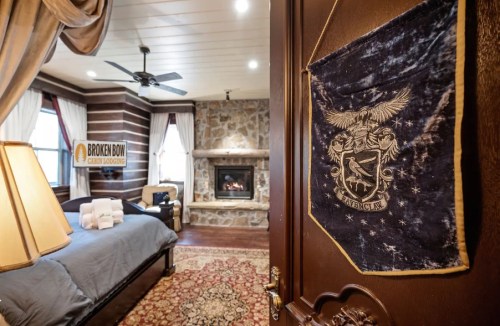Cozy bedroom with a stone fireplace, wooden accents, and a decorative emblem on the door. Warm and inviting atmosphere.