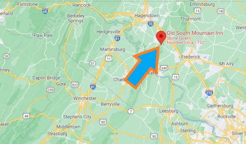 Map highlighting the location of Old South Mountain Inn, a stone tavern founded circa 1732, near Hagerstown, Maryland.