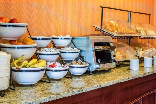 A breakfast buffet featuring bowls of fruit, pastries under covers, a toaster, and condiments on a granite countertop.