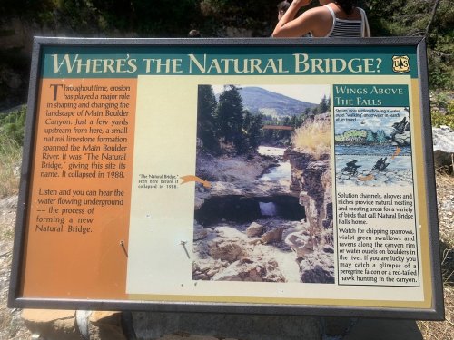 Sign about the Natural Bridge in Main Boulder Canyon, detailing its history and the surrounding landscape.