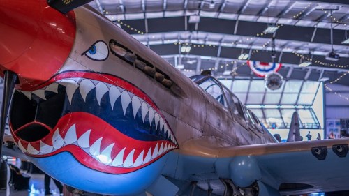 A vintage aircraft with a shark mouth design, displayed indoors with festive lighting in the background.