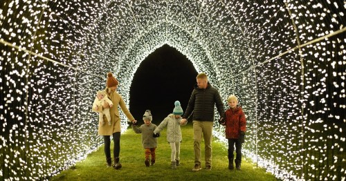A family walks hand-in-hand through a tunnel of sparkling lights, creating a festive atmosphere at night.