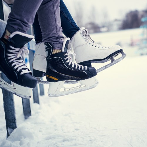 Two pairs of ice skates resting on a railing, one black and one white, with a snowy landscape in the background.