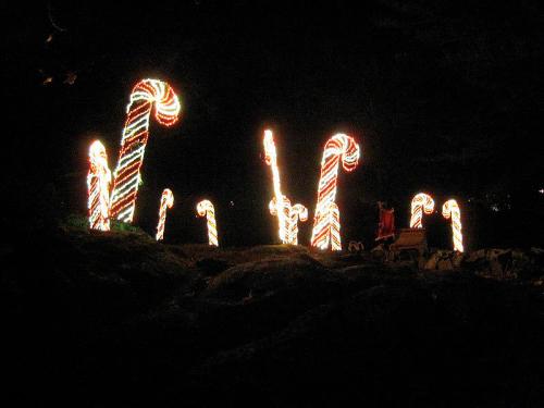 Colorful candy cane decorations illuminated at night, creating a festive holiday atmosphere.