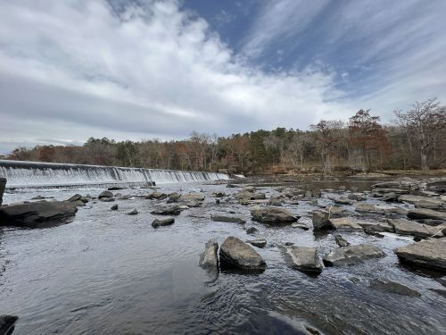 A serene landscape featuring a waterfall cascading over rocks, surrounded by trees under a cloudy sky.