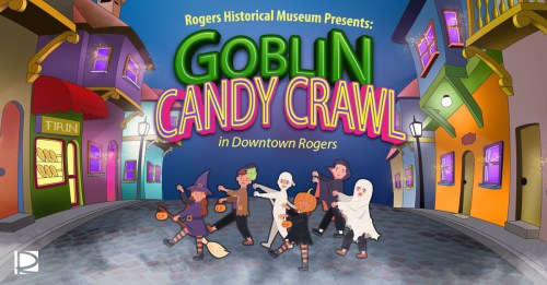 Colorful cartoon scene promoting the Goblin Candy Crawl event, featuring children in costumes on a festive street.