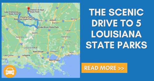 Map highlighting a scenic drive to five Louisiana state parks, with a car icon and a "Read More" call to action.