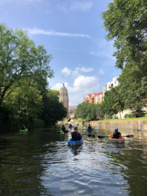 A group of kayakers paddles down a calm river, surrounded by trees and buildings under a blue sky.