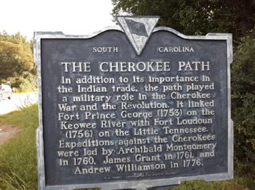 Historical marker detailing the significance of the Cherokee Path in South Carolina's military and trade history.