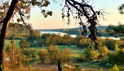 Scenic view of a river surrounded by trees and greenery, with a soft sunset glow in the background.