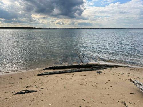 A sandy beach with weathered wooden planks leading into calm water under a cloudy sky.