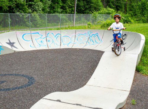 A child rides a bike on a curved concrete track with graffiti in a green park setting.