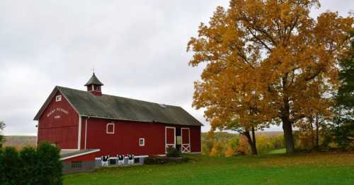 A red barn surrounded by vibrant autumn trees under a cloudy sky.