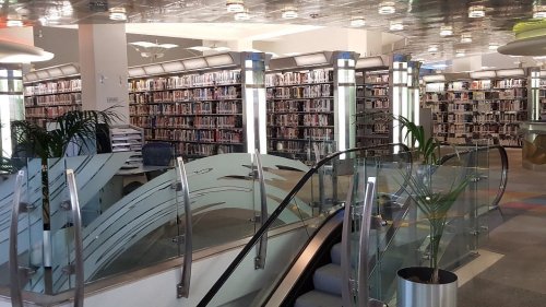 A modern library interior featuring bookshelves, glass railings, and plants, with bright lighting and a spacious layout.
