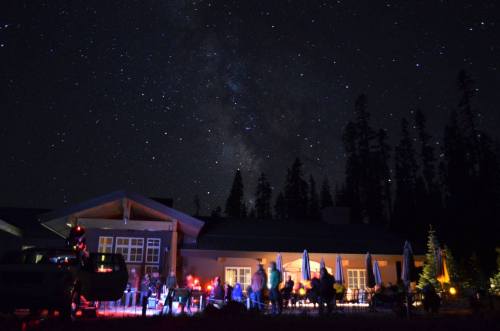 A night scene with a building illuminated by colorful lights, surrounded by trees and a starry sky.