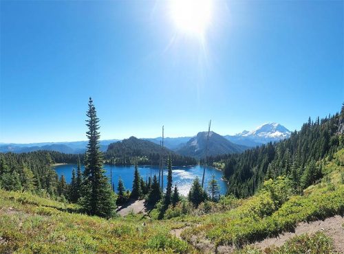 A panoramic view of a serene lake surrounded by lush green trees and mountains under a clear blue sky.