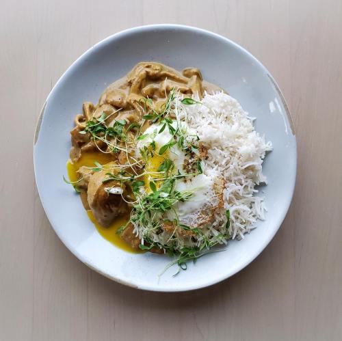 A plate of creamy chicken curry with rice, topped with a fried egg and garnished with fresh herbs.