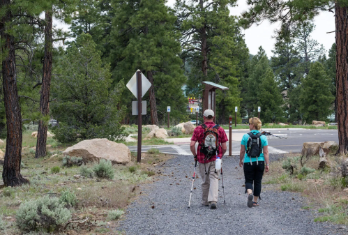 Two hikers walking on a gravel path through a forested area, surrounded by trees and rocks.