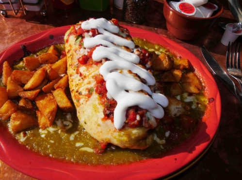 A large burrito topped with salsa and sour cream, served with golden potato wedges on a red plate.