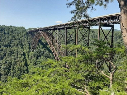 A large metal bridge spans a lush green valley, surrounded by trees under a clear blue sky.