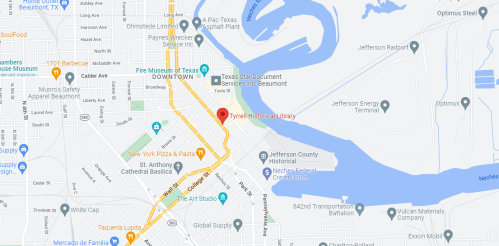 Map showing the location of the Tyrrell Historical Library in Beaumont, Texas, near the Neches River.