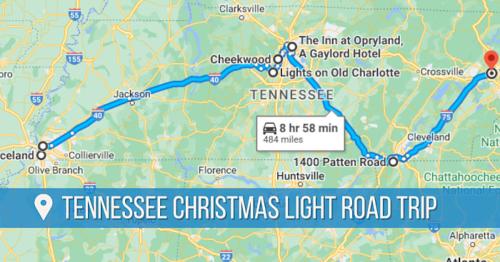 Map showing a route for a Tennessee Christmas light road trip, highlighting key locations and total travel time.