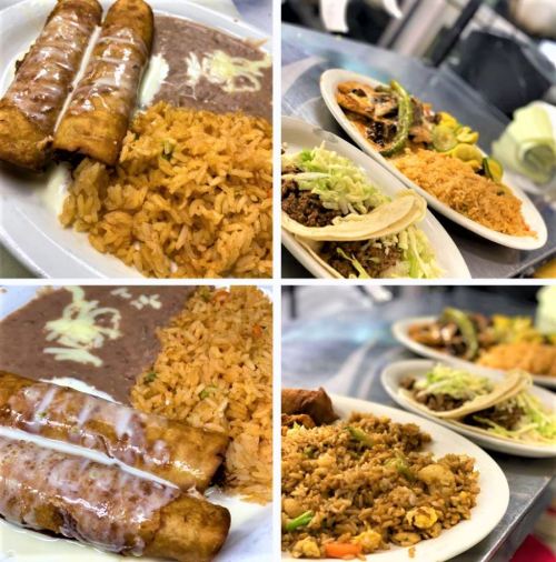 A collage of two plates featuring enchiladas, rice, beans, and tacos with assorted sides.