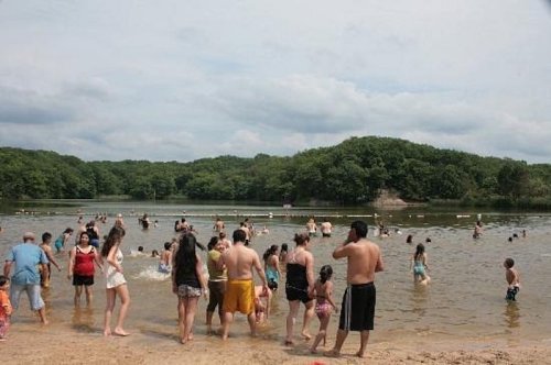 A crowded beach scene with people swimming and playing in the water, surrounded by trees and a cloudy sky.
