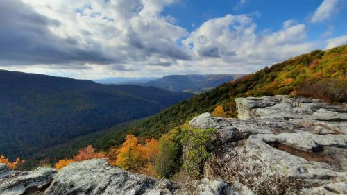 A panoramic view of colorful autumn foliage on mountains under a partly cloudy sky. Rocky foreground adds depth.