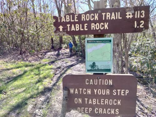 A wooden trail sign for Table Rock Trail with a map, surrounded by trees and a person in the background.