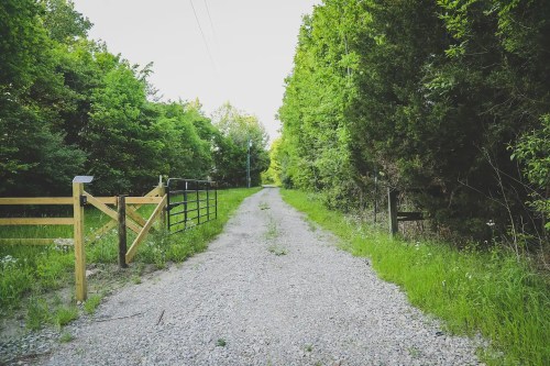 Gravel path leading through lush greenery, flanked by wooden and metal gates.