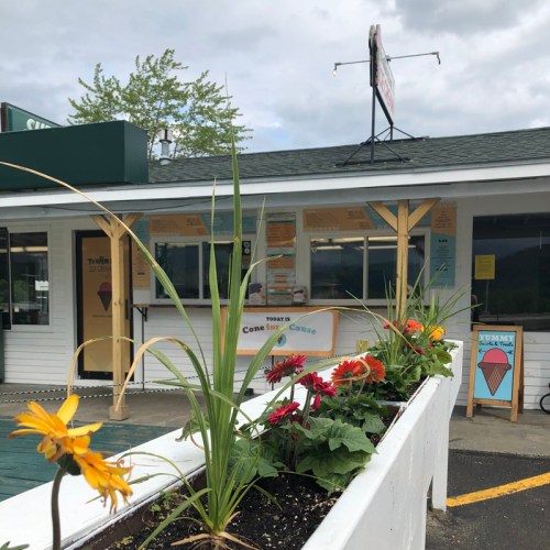 A small ice cream shop with a flower planter in front, featuring a sign that reads "Today's Cone for a Chance."