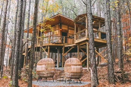 A wooden treehouse surrounded by tall trees, featuring a deck and two woven chairs in the foreground.