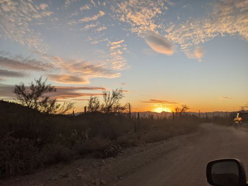 A scenic sunset over a dirt road, with silhouettes of cacti and clouds in a desert landscape.