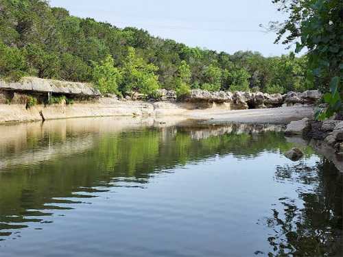 A serene riverbank scene with calm water reflecting lush greenery and rocky formations under a clear sky.