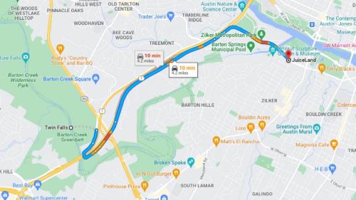 Map showing routes to Barton Springs Pool and nearby attractions in Austin, Texas, with estimated travel times.